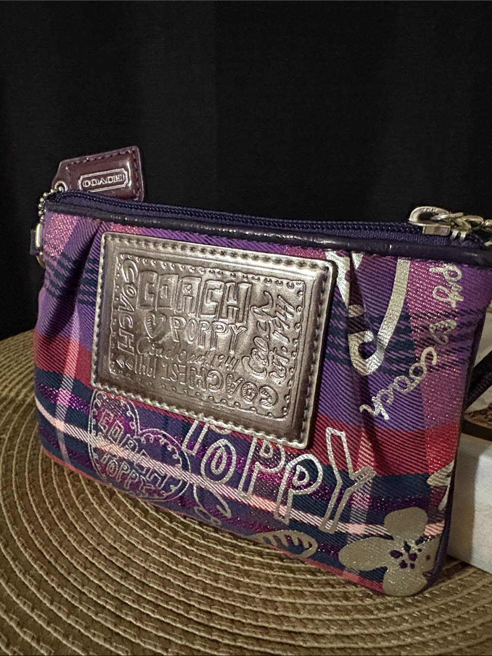 Coach Poppy Purple Plaid Signature Wristlet with Metallic Patch